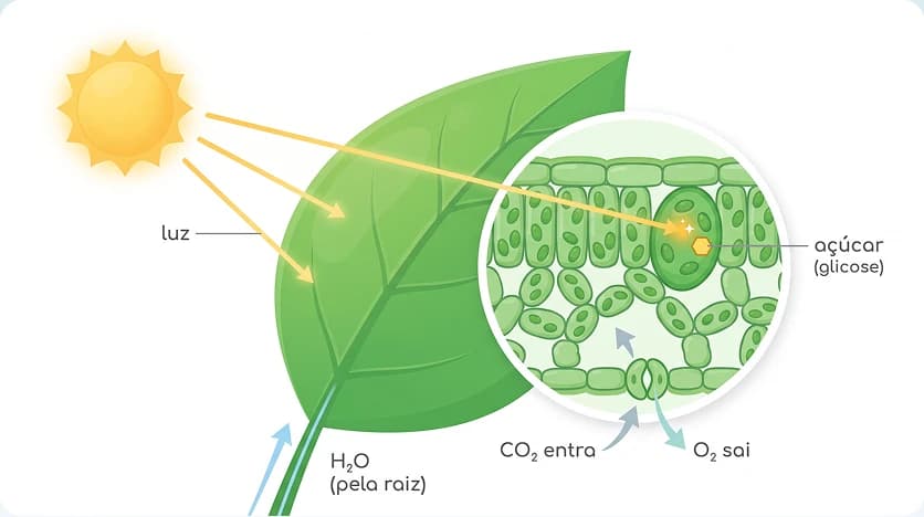 Folha iluminada pelo sol, com um detalhe ampliado das células do mesofilo: a luz entra, o CO₂ entra, o O₂ sai e se forma açúcar (glicose); a água chega pela raiz.