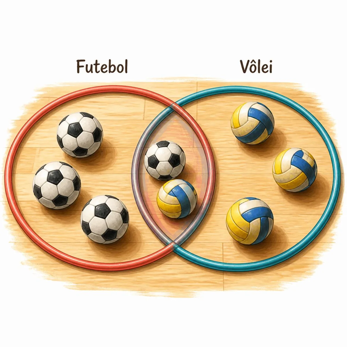 Os bambolês representam os conjuntos dos alunos que gostam de futebol e dos que gostam de vôlei. A região comum é a interseção: quem gosta dos dois esportes pertence aos dois conjuntos, mas é contado uma única vez.
