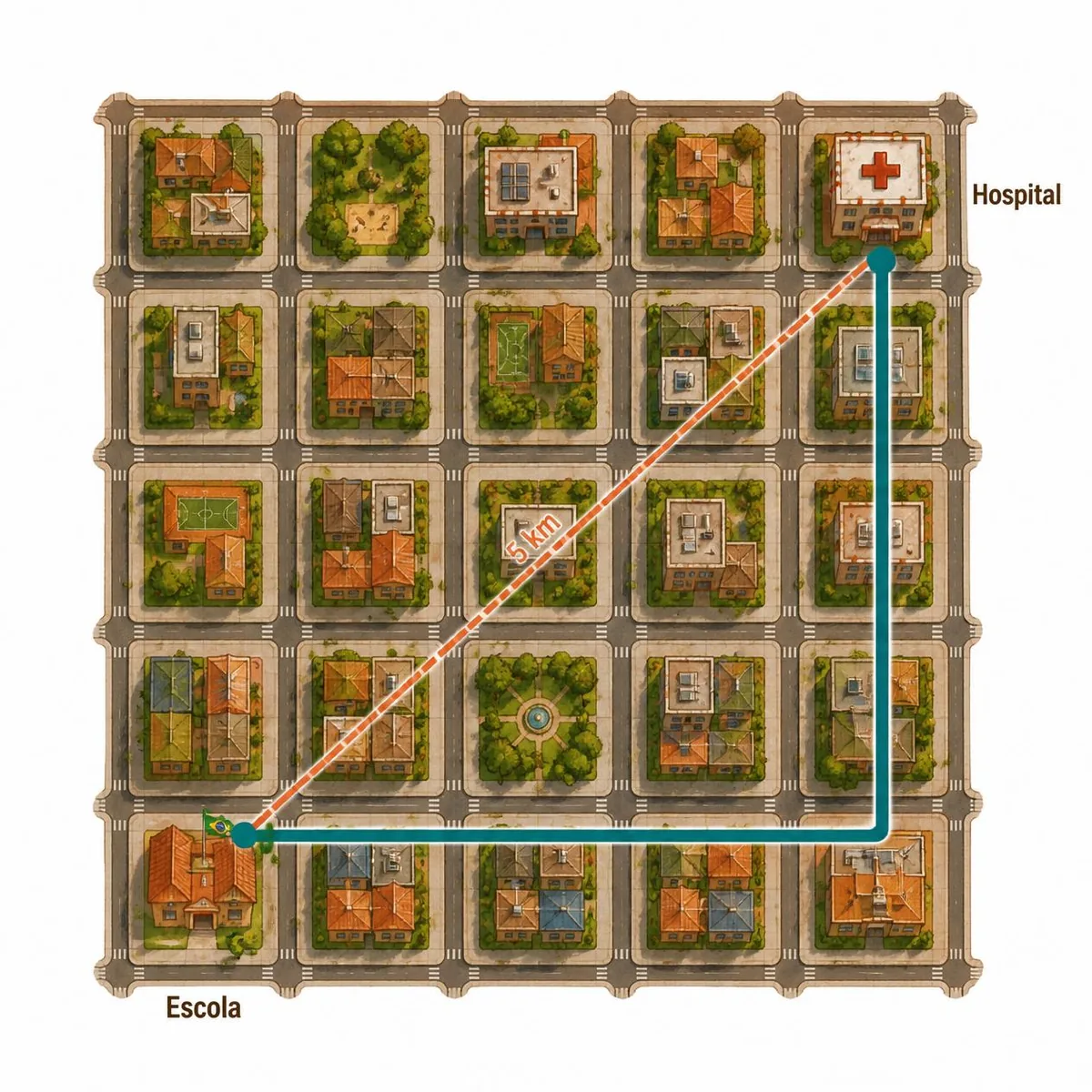 Com quarteirões de 1 km, a escola e o hospital estão afastados 4 km na horizontal e 3 km na vertical. Em linha reta, a distância é √(4² + 3²) = 5 km; pelas ruas, é 4 + 3 = 7 km.