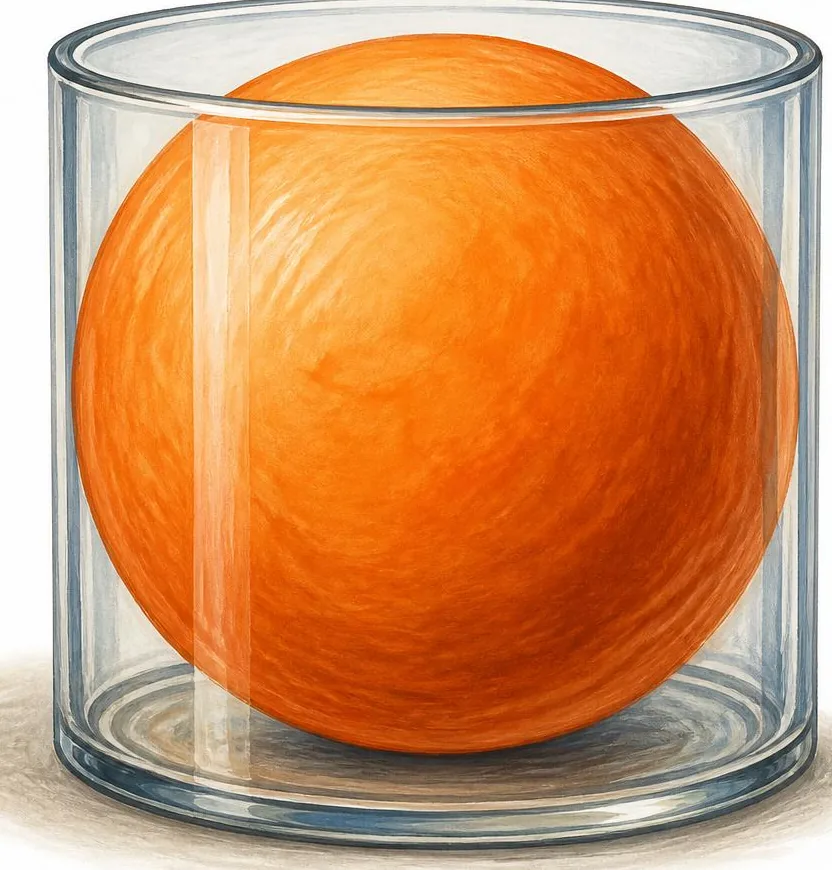 Uma esfera inscrita em um cilindro de altura igual ao diâmetro ocupa dois terços do volume do cilindro: (4/3)πR³ ÷ (πR² · 2R) = 2/3. Segundo a tradição, Arquimedes considerava esse resultado uma de suas descobertas mais importantes.