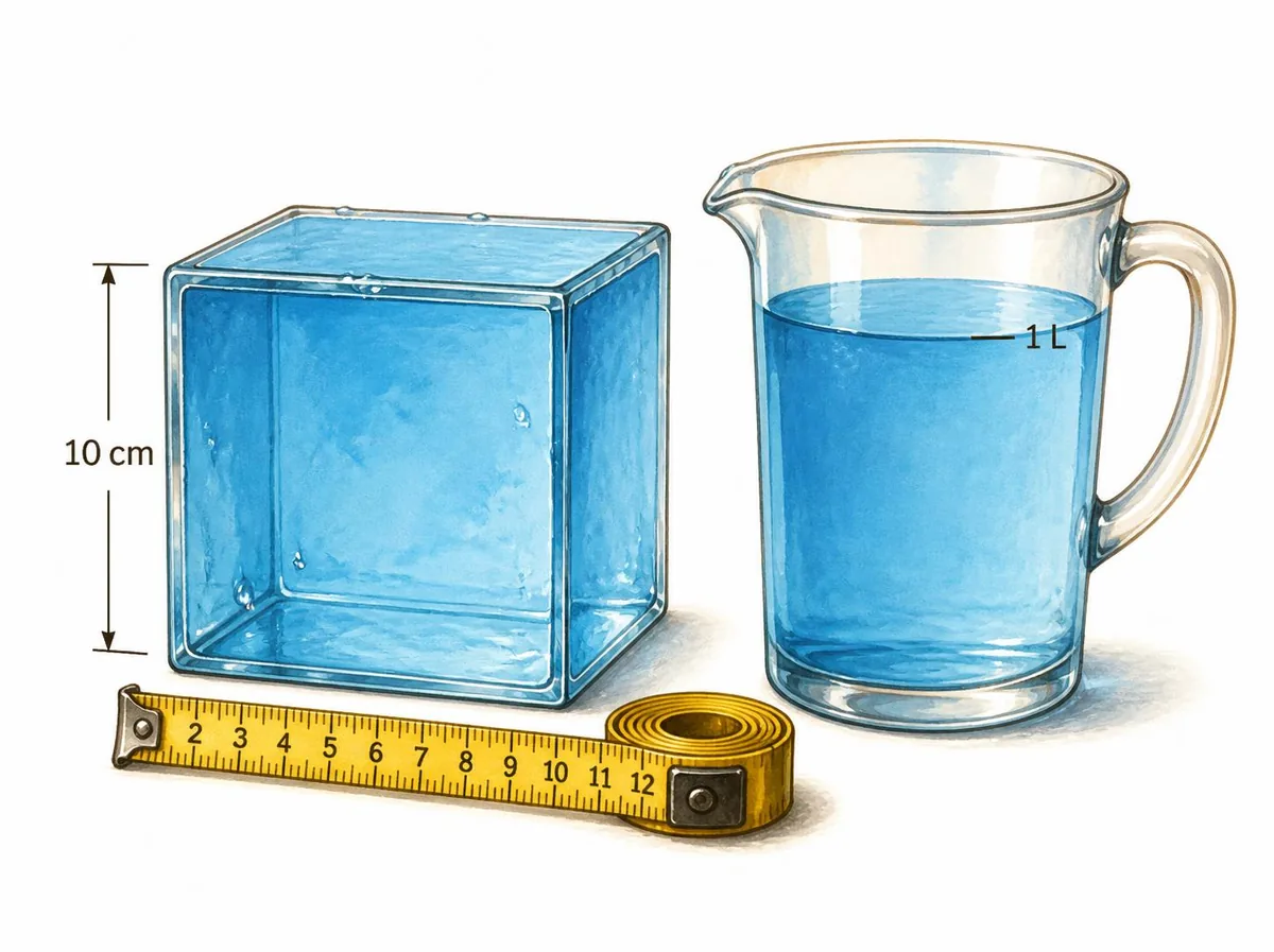 O cubo de 10 cm de aresta tem volume de 10 × 10 × 10 = 1.000 cm³, ou seja, 1 dm³. A mesma quantidade de água preenche a jarra até a marca de 1 L.