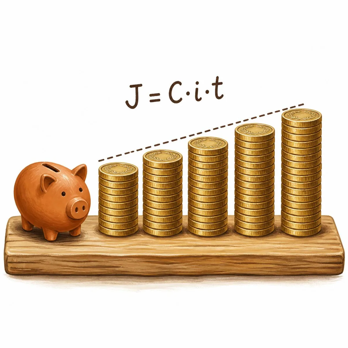 Nos juros simples, os juros de cada período são calculados sobre o capital inicial. Por isso, o montante cresce a cada período a mesma quantia, e os topos das pilhas acompanham uma reta.